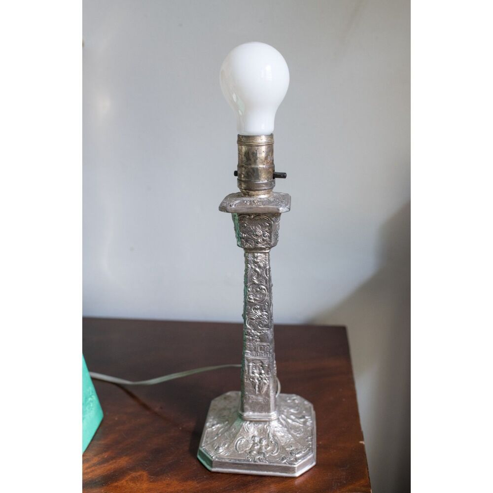 Vintage Cast Metal Candlestick Table Lamp Silver Repousse Figural Boudoir Accent